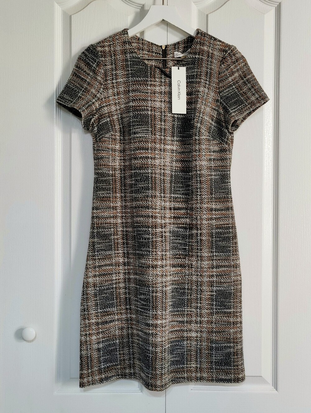 Calvin Klein Womens 6 Neutral Plaid Brown Fall Stretch Shift Dress Career Mini